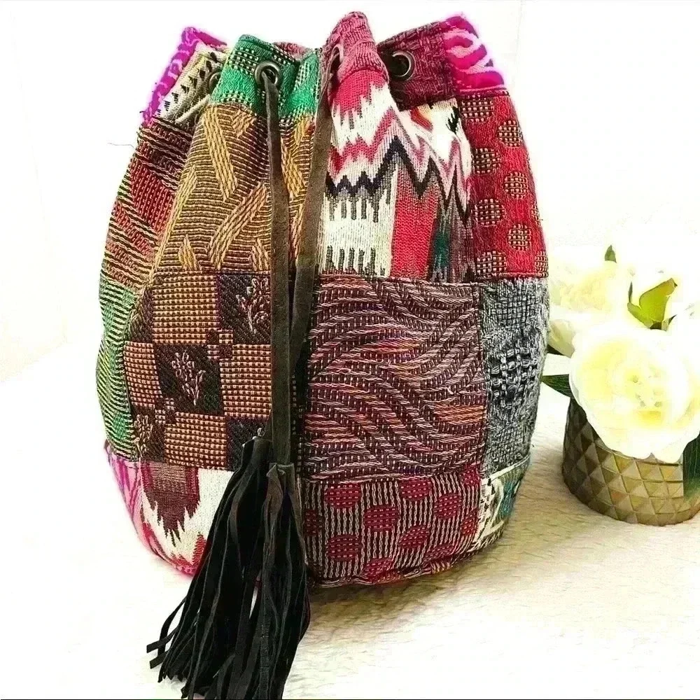 Handcrafted Patchwork Bucket Boho Hobo Drawstring Tassel Backpack Bag